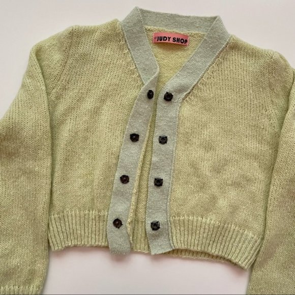 SOLD YesStyle V-Neck Two-Tone Green Knit Button-Up Trendy Cardigan - Picture 12 of 16